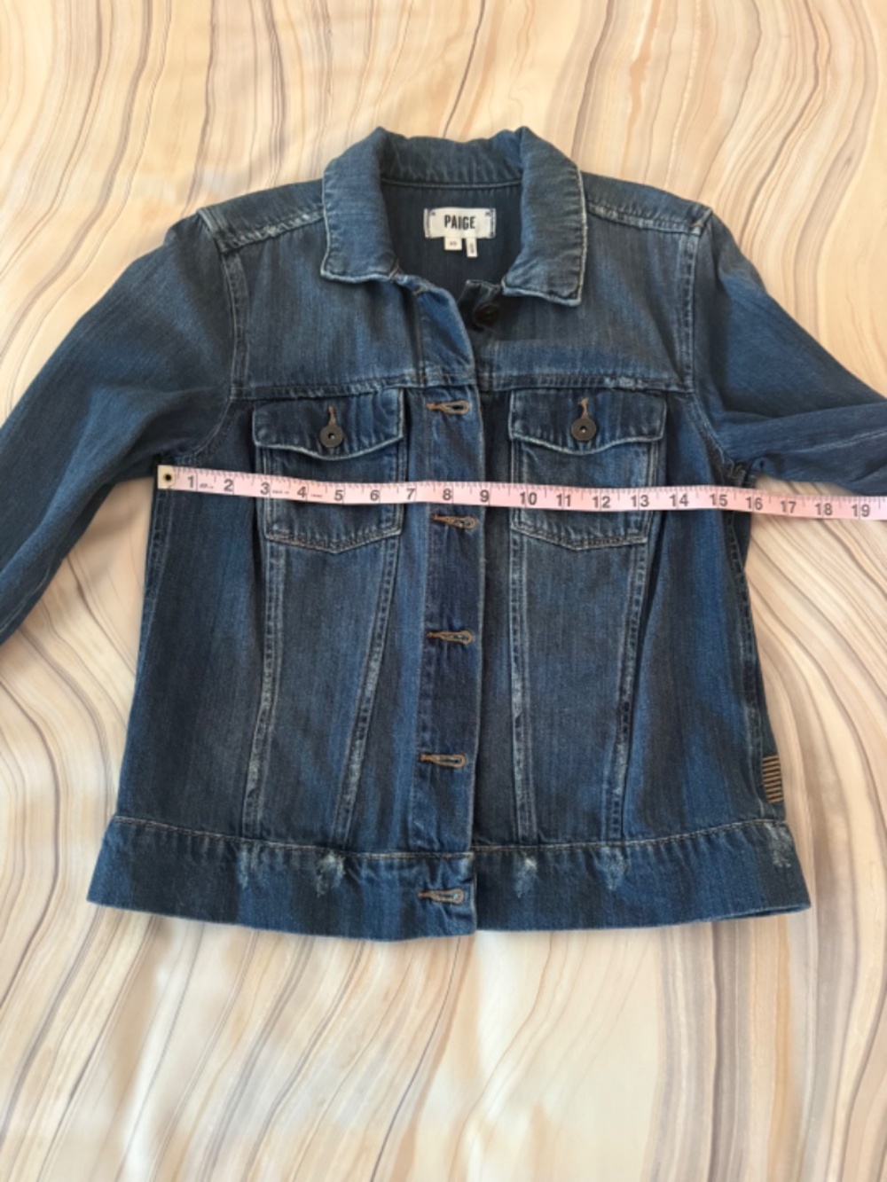 PAIGE Denim Jacket "Junya Destructed" Long Sleeve Pockets Blue Distressed Sz XS - Picture 13 of 15
